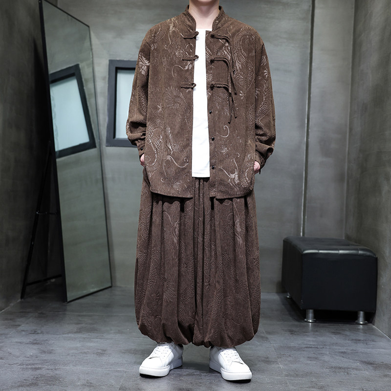 风I盘扣龙纹暗花灯芯绒衬衫夹克阔腿裤套装男TZ122-P136控158，男装T恤，电商A005