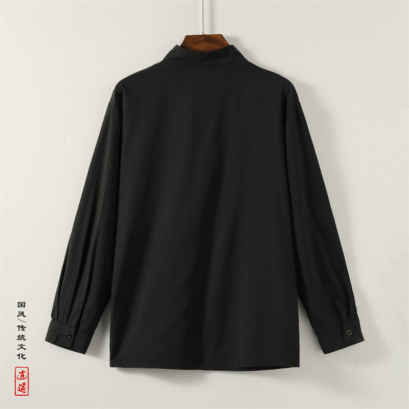 风E纽扣复古半高领衬衫极简拼接围布新中式上衣T16-P65控88,男装T恤,电商A005