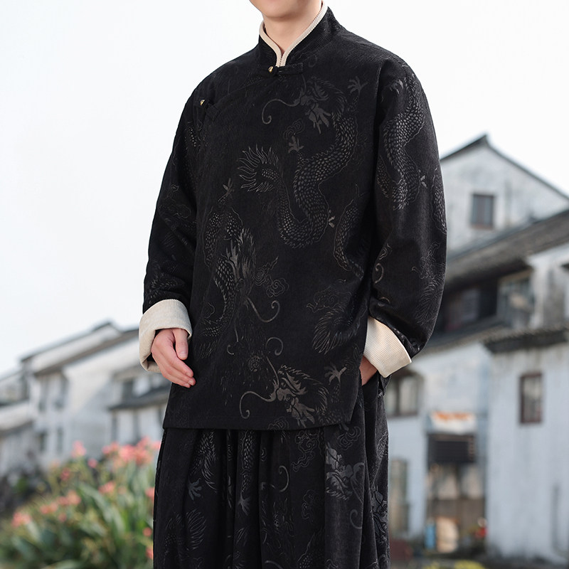 新中式Y斜襟盘扣龙纹灯芯绒中山装立领夹克外套男JK20-P105控138,男装夹克,电商A005