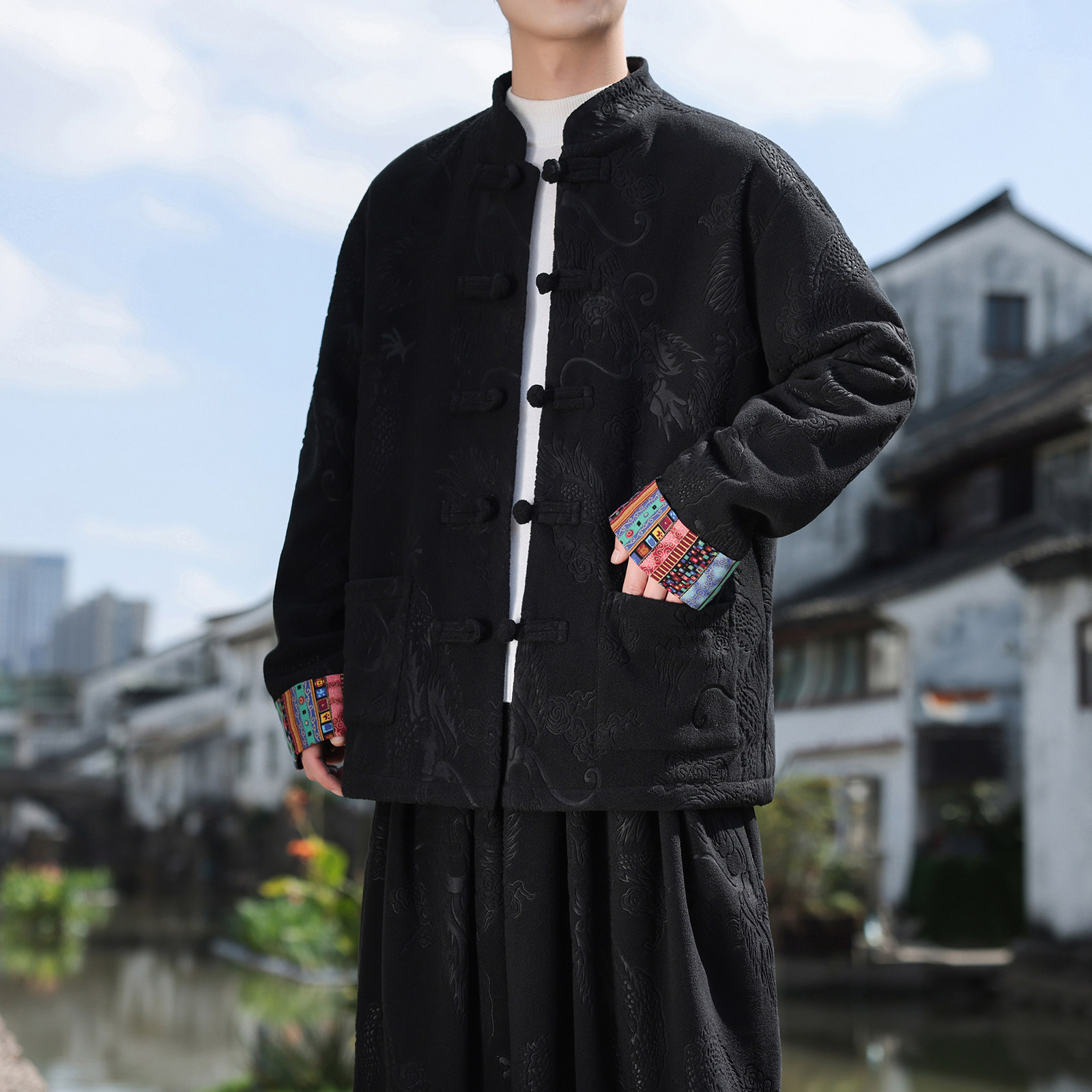 风C新中式奥利绒羊羔毛龙纹暗花盘扣夹克外套男JK28-P88控108,男装夹克,电商A005
