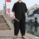 民族风A斜襟盘扣亚麻拼色中袖衬衫阔腿裤套装男TZ157-P143控168，男装衬衫，电商A005
