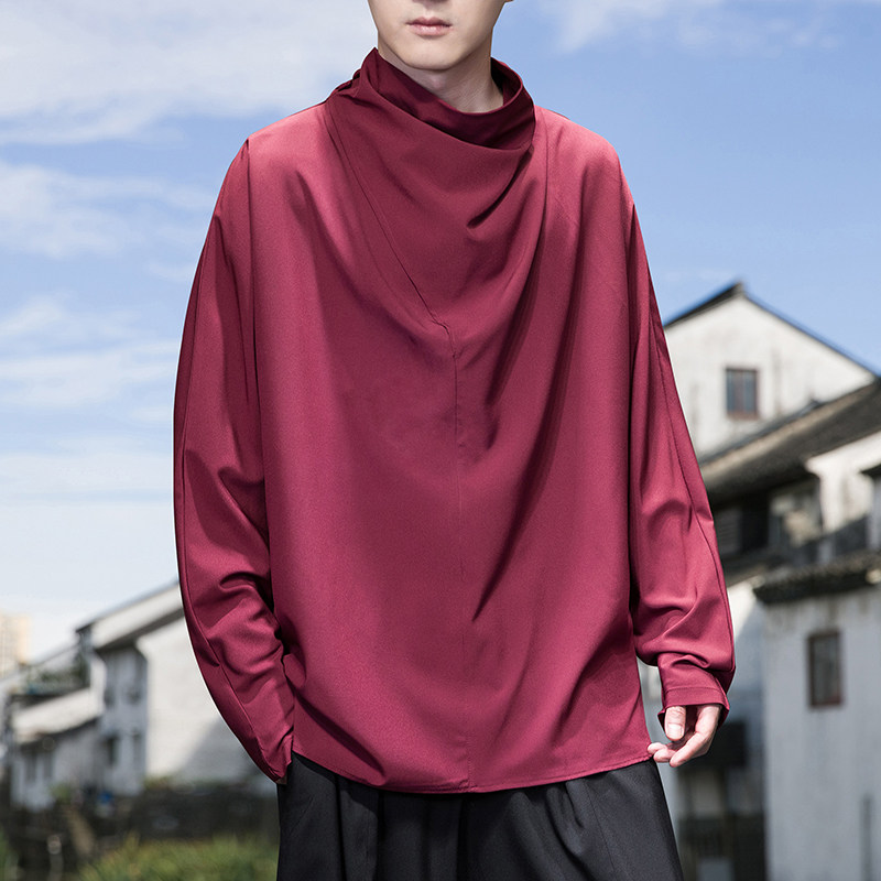 风N暗黑系新中式冰丝小众设计高堆领长袖t恤T09-P55控78，男装T恤，电商A005