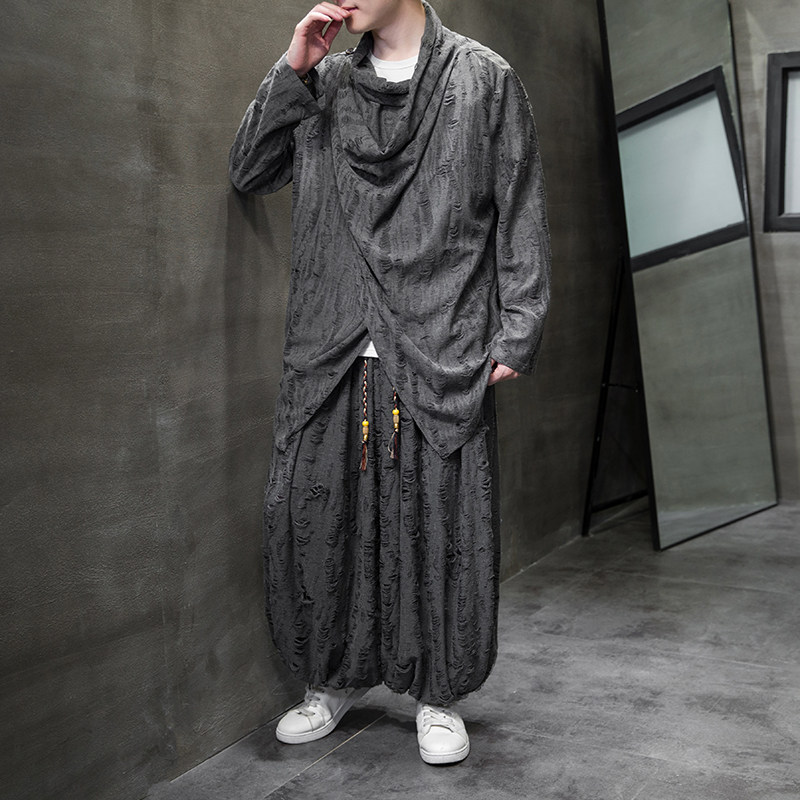 新中式F破洞不规则领堆堆领披风t恤束脚裤套装男TZ31-P143控168，男装T恤，电商A005