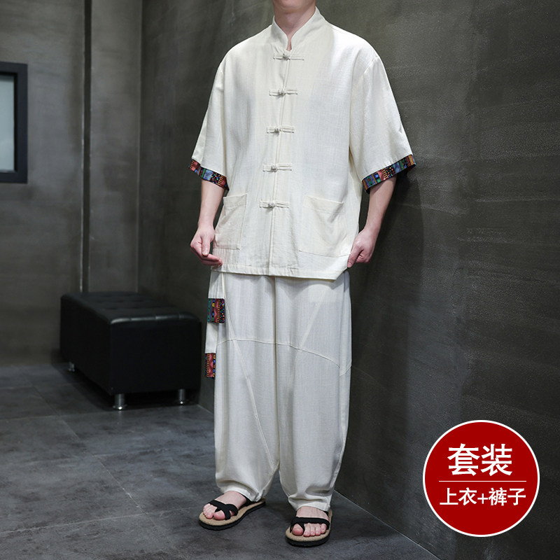 民族风I盘扣亚麻衬衫民族风棉麻阔腿裤套装男TZ163-P163控188,男装衬衫,电商A005
