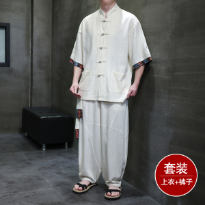 民族风I盘扣亚麻衬衫民族风棉麻阔腿裤套装男TZ163-P163控188图片