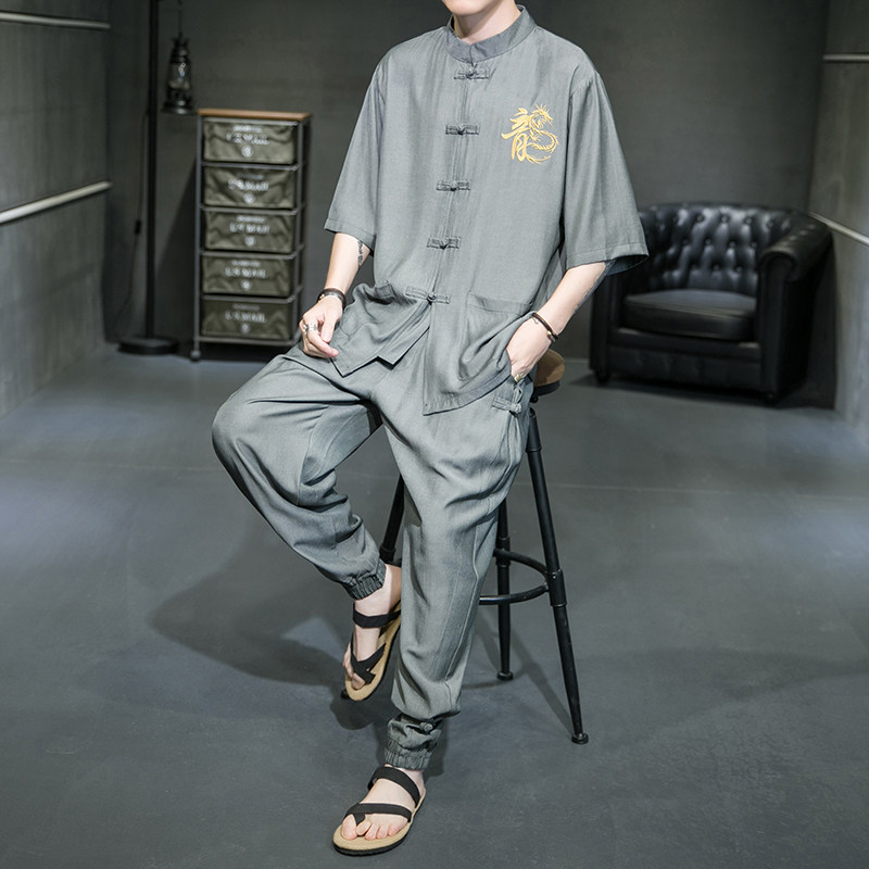 风盘扣冰丝龙刺绣B太极服装盘扣天丝上衣套装TZ08-P110控138，男装休闲套装，电商A005