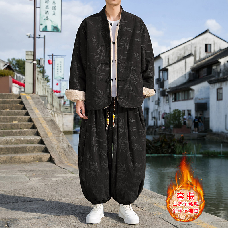 羊羔毛D加绒加厚双面保暖夹克树叶灯芯绒套装男TZ38-P203控238图片