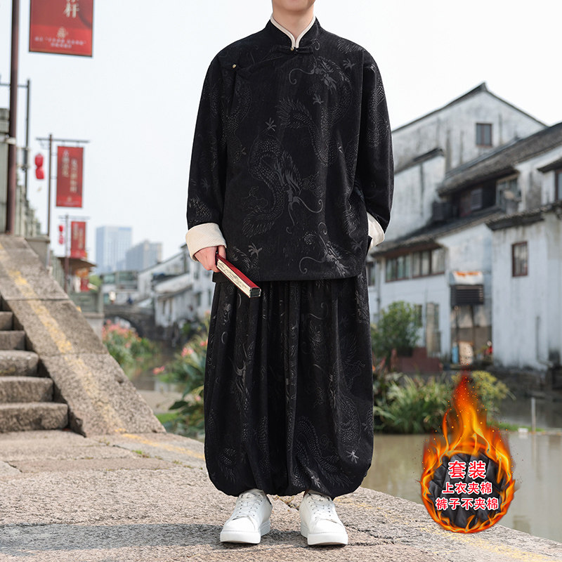 新中式S龙纹灯芯绒夹克夹棉外套棉衣束脚裤套装TZ10132-P203控228,男装夹克,电商A005