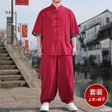 民族风H盘扣亚麻衬衫民族风棉麻阔腿裤套装男TZ163-P163控188，男装衬衫，电商A005