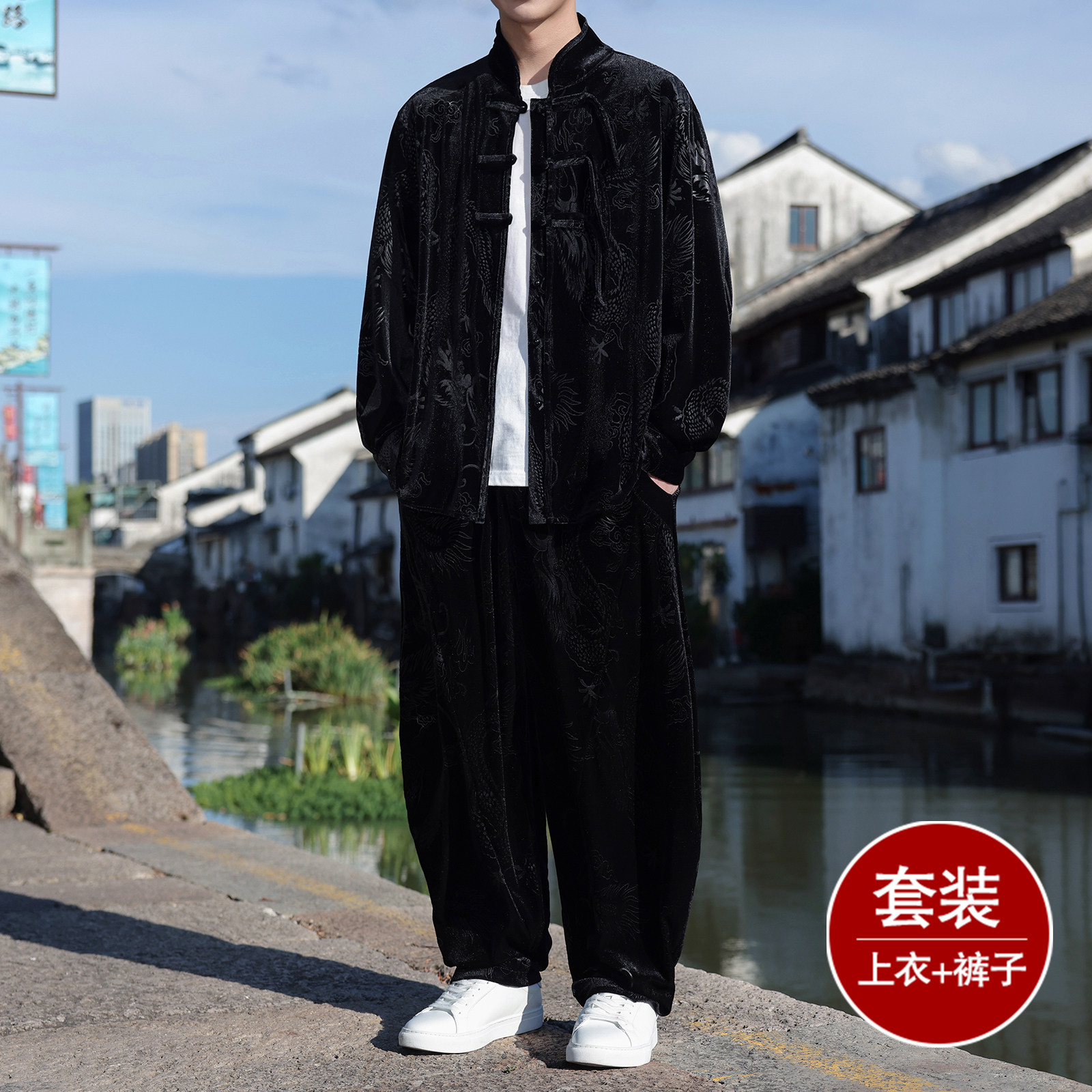 盘扣小众设计F龙纹金丝绒夹克阔腿裤风套装男TZ179-P136控158图片