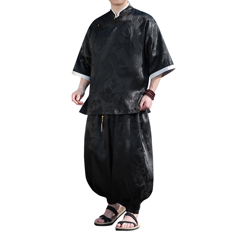 风A盘扣暗花龙纹冰丝中山装衬衫萝卜裤套装男TZ160-P120控148,男装衬衫,电商A005