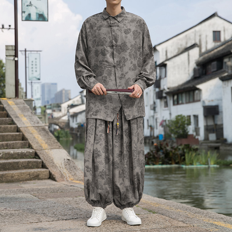 新中式N暗花灯芯绒盘扣小众衬衫束脚阔腿裤套装男TZ27-P136控158，男装T恤，电商A005