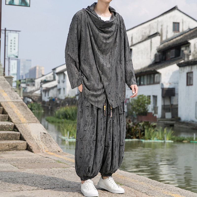 新中式M破洞不规则领堆堆领披风t恤束脚裤套装男TZ31-P143控168，男装T恤，电商A005