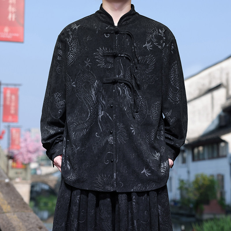 风新中式J盘扣龙纹暗花灯芯绒衬衫夹克外套男CS66-P68控88图片