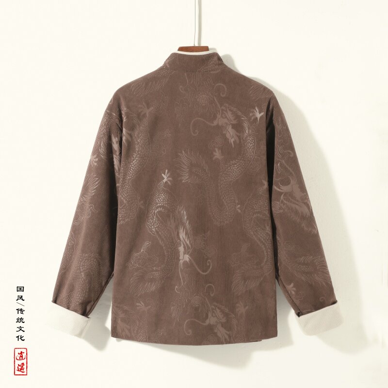 新中式AE斜襟盘扣龙纹灯芯绒中山装立领夹克外套男JK20-P105控138,男装夹克,电商A005