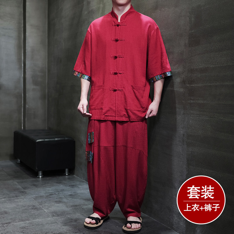民族风I盘扣亚麻衬衫民族风棉麻阔腿裤套装男TZ163-P163控188,男装衬衫,电商A005