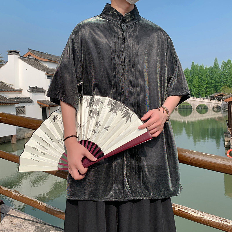 改良新中式K褶皱设计舞台亮闪闪冰丝酒吧演出衬衫CS55-P68控88,男装衬衫,电商A005