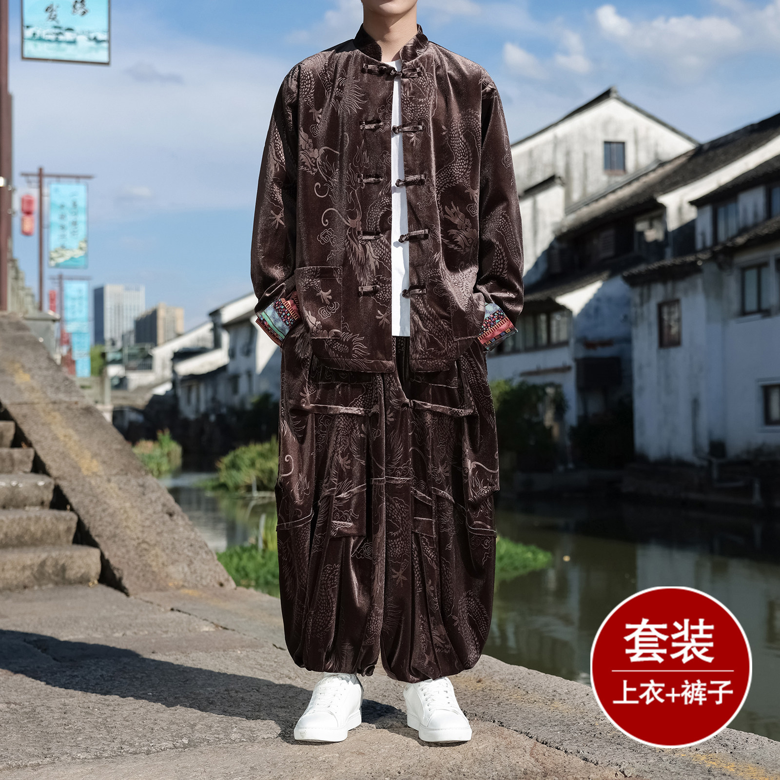 新中式C民族风金丝绒龙纹夹克折褶阔腿裤套装男TZ176-P153控178图片