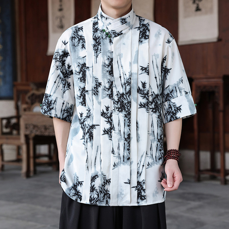 新中式H风树叶冰丝复古珍珠扣立领小众中袖衬衫男CS67-P70控98图片