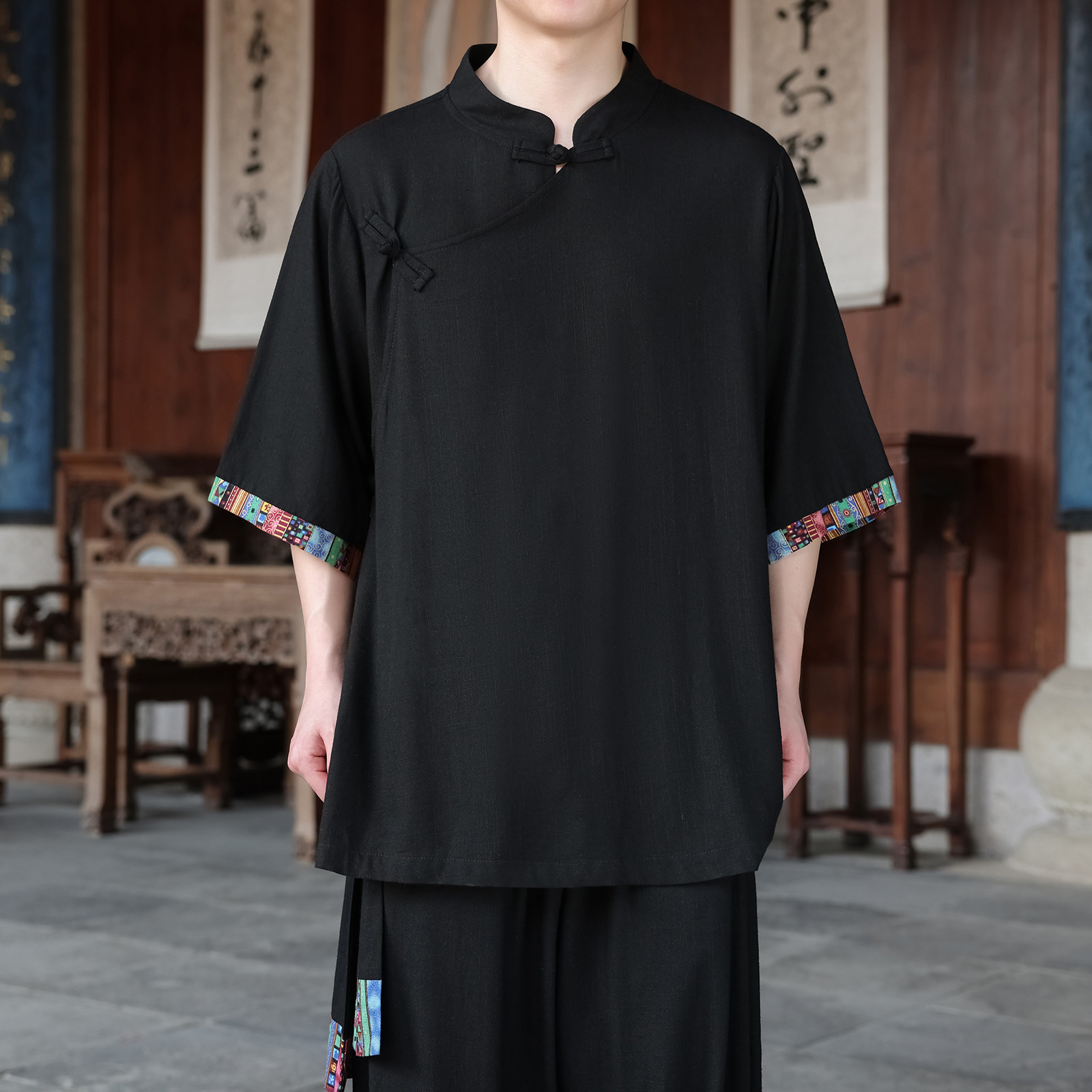 新中式J风斜襟盘扣亚麻拼色中山装中袖衬衫外套CS73-P68控88图片