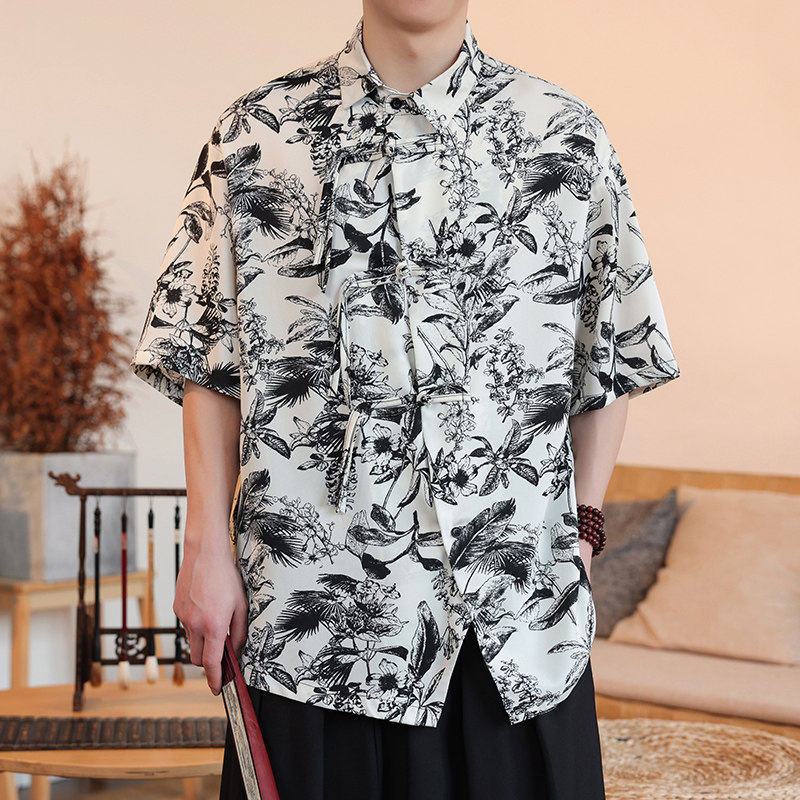 新中式D盘扣不规则设计树叶印花暗纹冰丝衬衫外套男CS69-P70控98,男装衬衫,电商A005