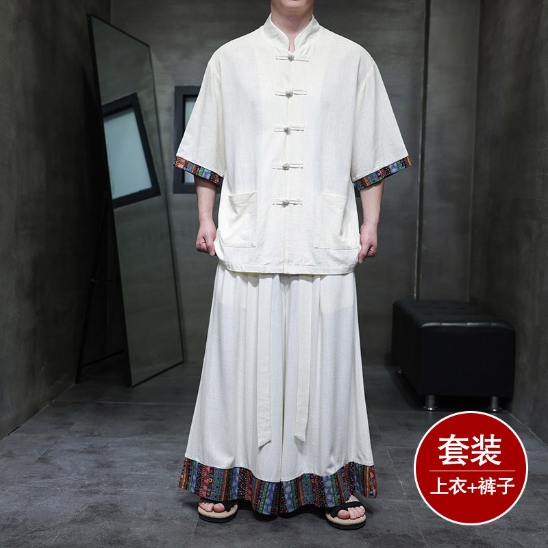 民族风G拼色盘扣亚麻衬衫民族风裙裤阔腿裤套装男TZ162-P163控188,男装衬衫,电商A005