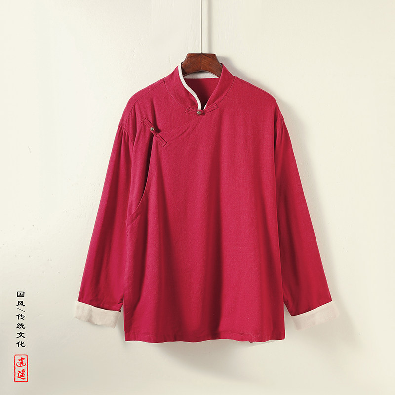 新中式P斜襟盘扣亚麻棉麻中山装立领衬衫夹克外套JK23-P98控118图片