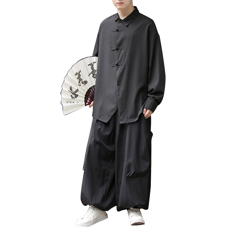 新中式暗黑D盘扣冰丝衬衫工装机能大口袋裤套装男TZ26-P130控158,男装T恤,电商A005
