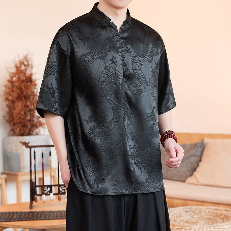 新中式B风小高领拉链领提花小众设计龙纹冰丝t恤T62-P70控98,男装T恤,电商A005