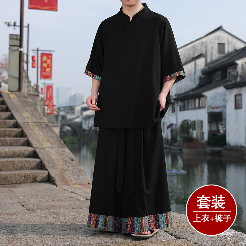 斜襟盘扣亚麻衬衫外套A民族风大桶裤套装男TZ158-P156控178,男装衬衫,电商A005