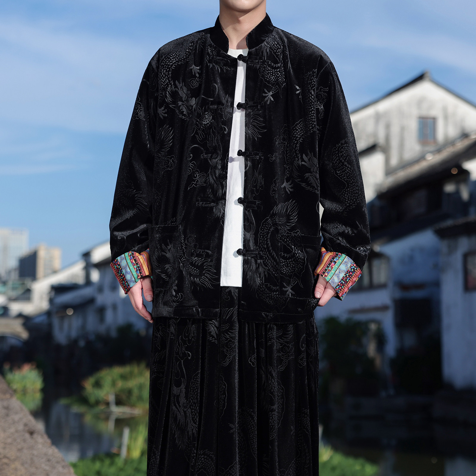 新中式K拼色民族风盘扣金丝绒龙纹衬衫夹克外套男JK26-P75控88,男装衬衫,电商A005