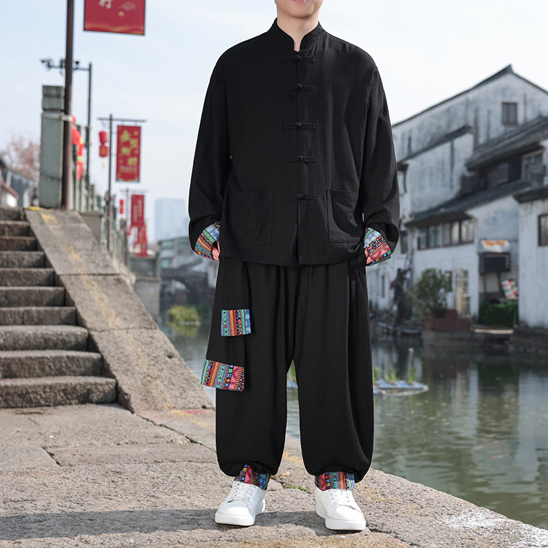 风D盘扣亚麻棉麻衬衫夹克外套大裤裆套装男TZ136-P150控178图片