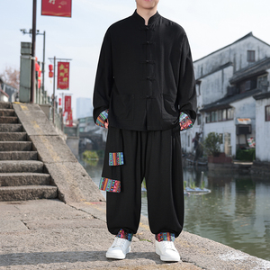风D盘扣亚麻棉麻衬衫夹克外套大裤裆套装男TZ136-P150控178图片