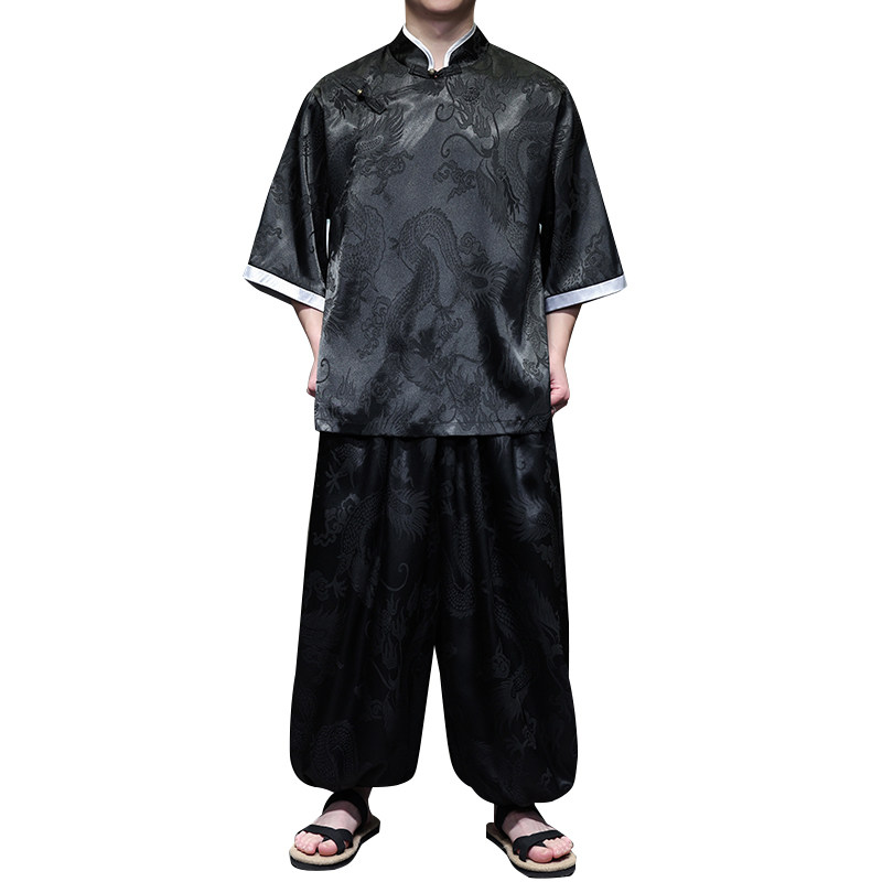 风C盘扣暗花龙纹冰丝中山装衬衫萝卜裤套装男TZ160-P120控148,男装衬衫,电商A005