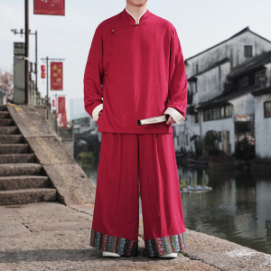 民族风F斜襟盘扣亚麻棉麻衬衫夹克阔腿裤套装TZ153-P186控208图片