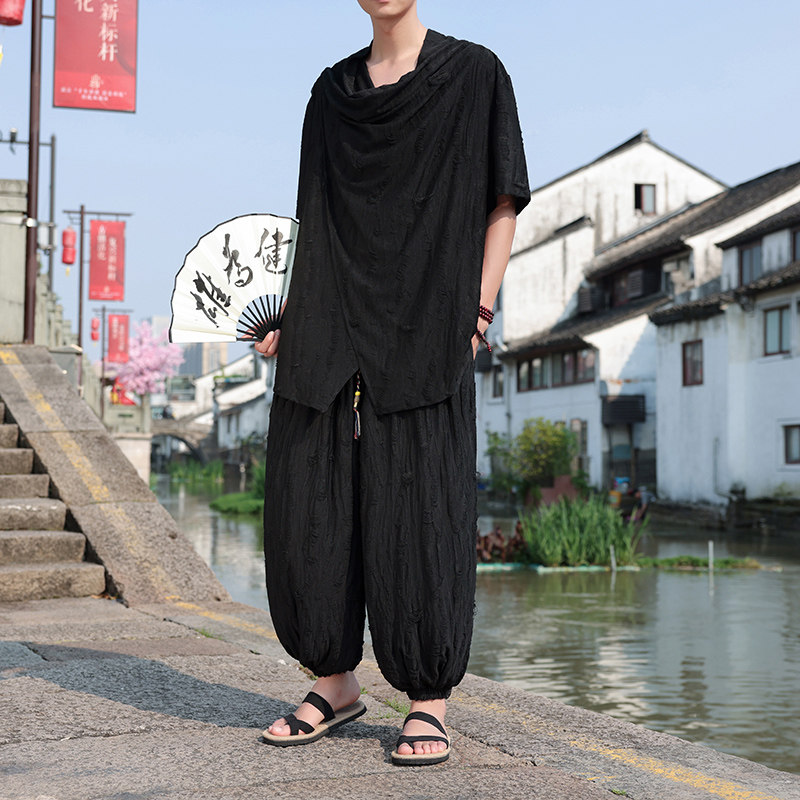 风暗黑A破洞高堆领风衣短袖t恤束脚裤套装男TZ109-P135控158,男装T恤,电商A005