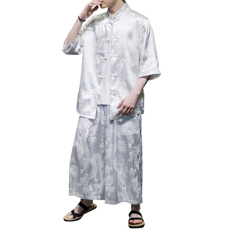 风C超薄冰丝暗龙纹男春夏季坠感盘扣衬衫哈伦裤套装TZ17-P100,男装衬衫,电商A005