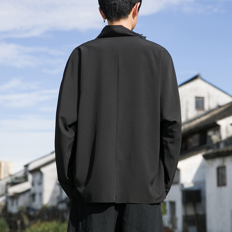 风B暗黑系新中式冰丝小众设计高堆领长袖t恤T09-P55控78,男装T恤,电商A005