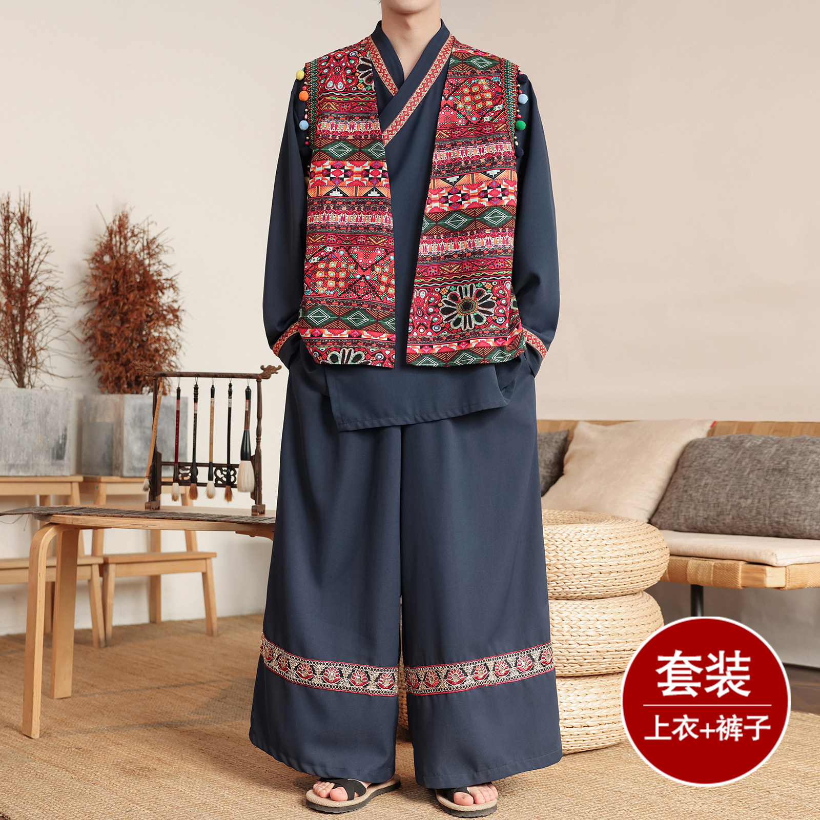 男女春季风苗族演出舞蹈个性服装套装TZ186三件套-P173控198，男装休闲套装，电商A005