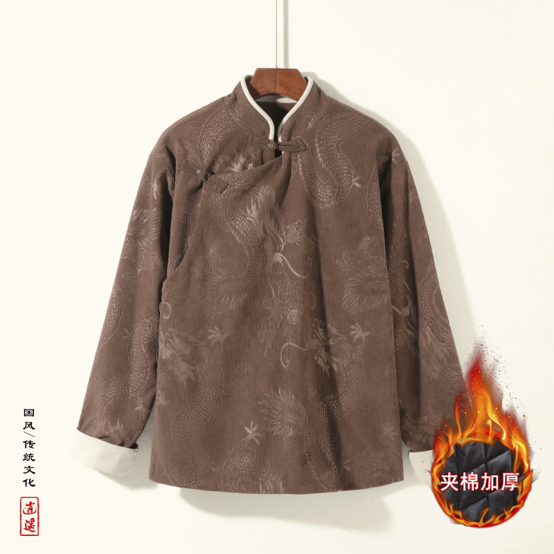 新中式A斜襟龙纹灯芯绒中山装夹棉加厚外套棉衣JK1020-P135控158,男装棉衣,电商A005