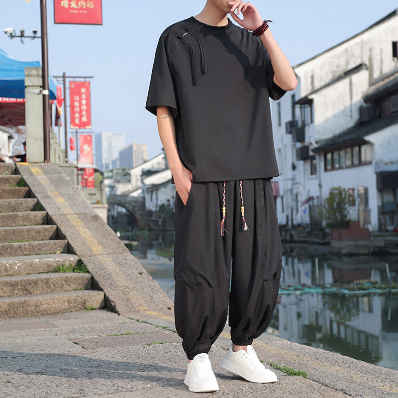 新中式A肩膀盘扣设计暗黑冰丝t恤男大口袋裤男套装TZ88-P120控148,男装休闲套装,电商A005