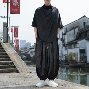 新中式A冰絲樹(shù)葉堆堆領(lǐng)短袖T袖暗花男九分褲套裝TZ76-P130控158圖片