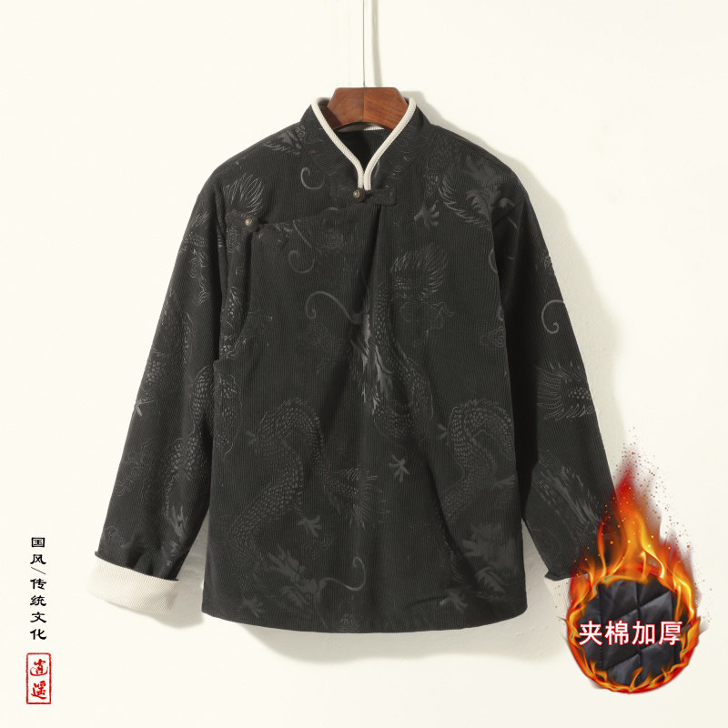 新中式A斜襟龙纹灯芯绒中山装夹棉加厚外套棉衣JK1020-P135控158,男装棉衣,电商A005