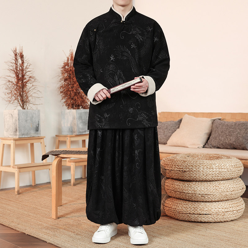 新中式U龙纹灯芯绒中山装夹克外套束脚裤套装男TZ132-P173控198,男装夹克,电商A005