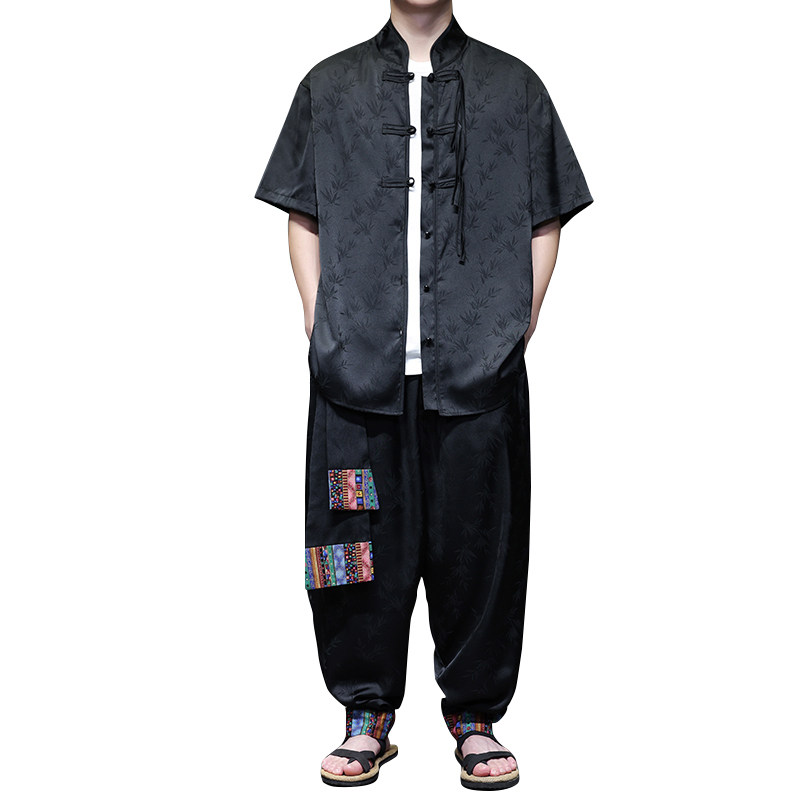 风C树叶暗纹提花冰丝短袖衬衫男飞鼠裤套装男TZ171-P136控158,男装衬衫,电商A005