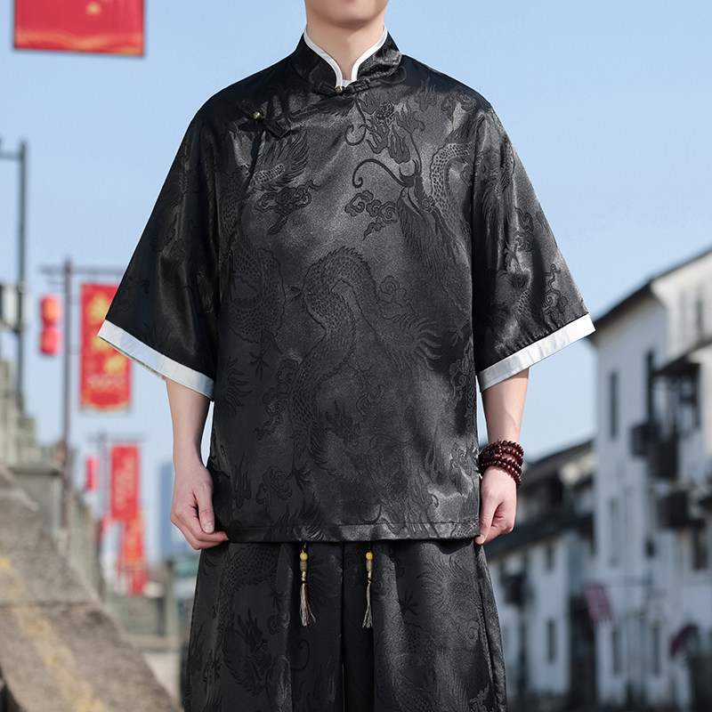 新中式C风斜襟盘扣龙纹冰丝中山装衬衫夹克外套男CS76-P65控78图片