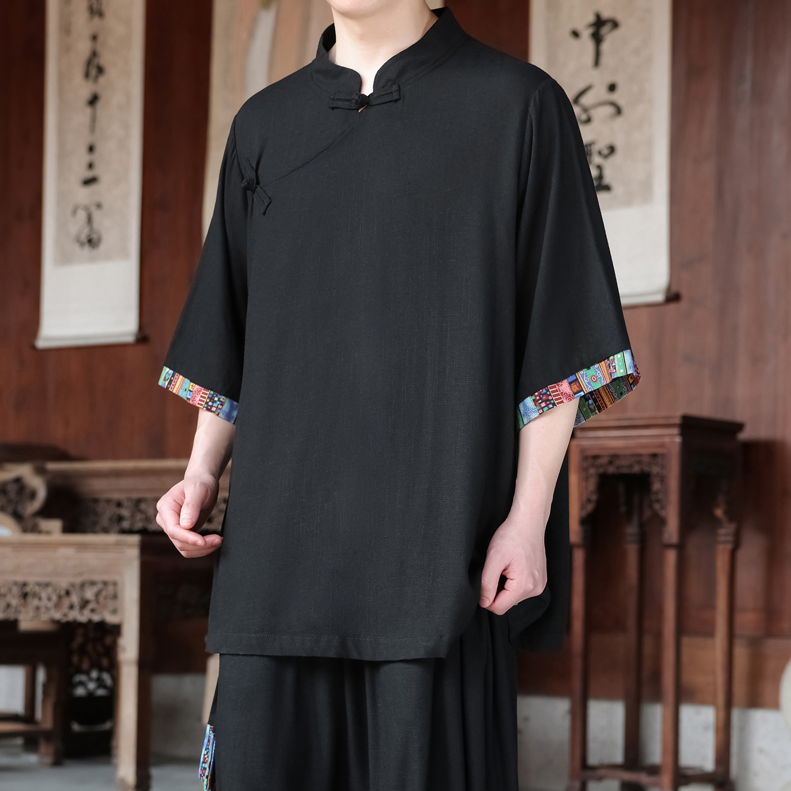 新中式I风斜襟盘扣亚麻拼色中山装中袖衬衫外套CS73-P68控88图片