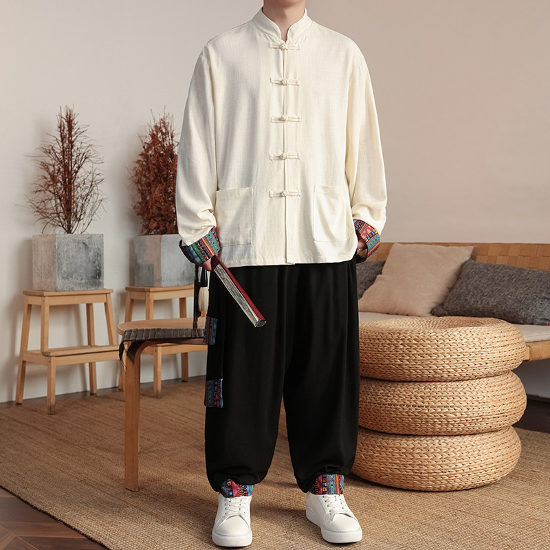 风M盘扣亚麻棉麻衬衫夹克外套大裤裆套装男TZ136-P150控178图片
