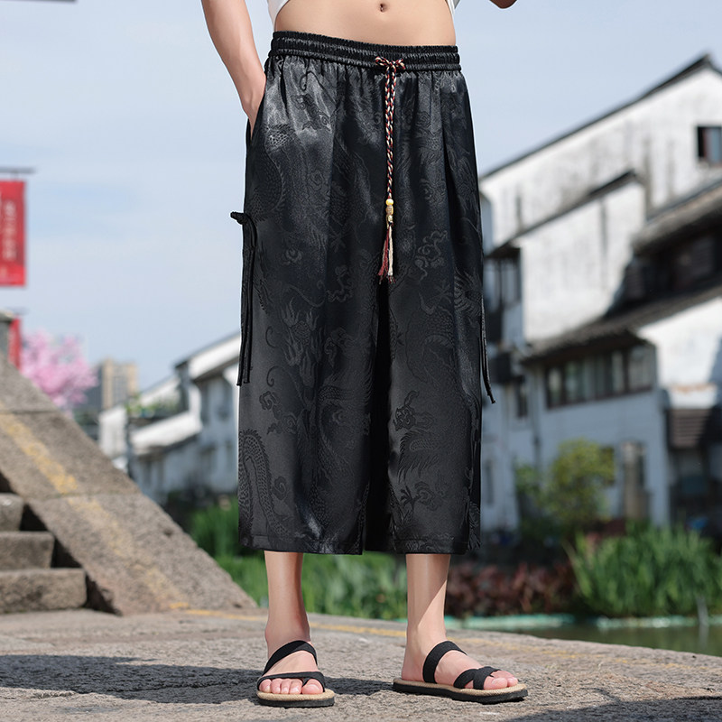 新中式B风民族风冰丝龙纹暗花盘扣沙滩七分裤男DK195-P58控78,男装牛仔裤,电商A005