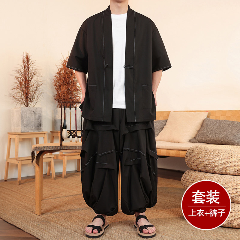 风F冰丝盘扣明线开衫外套折褶阔腿裤男套装男TZ161-P130控158图片